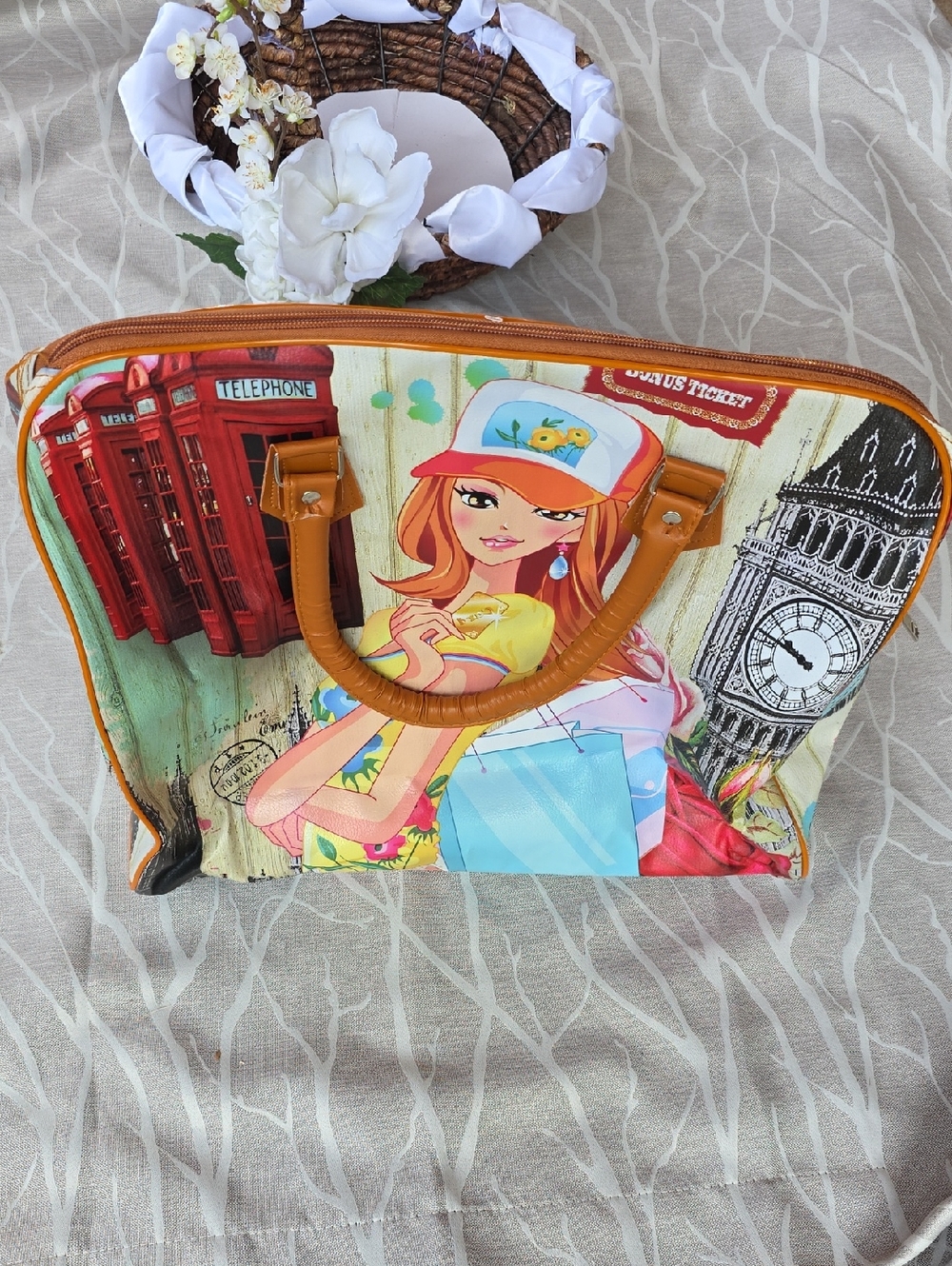 Illustrated Dome Tote Bag in Multi-Color with Tan Trim